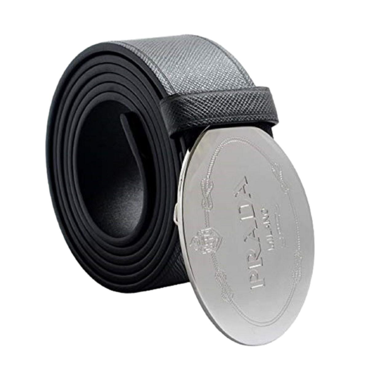 Prada Black Saffiano Leather Engraved Oval Plaque Buckle Size: 110/44 Belt