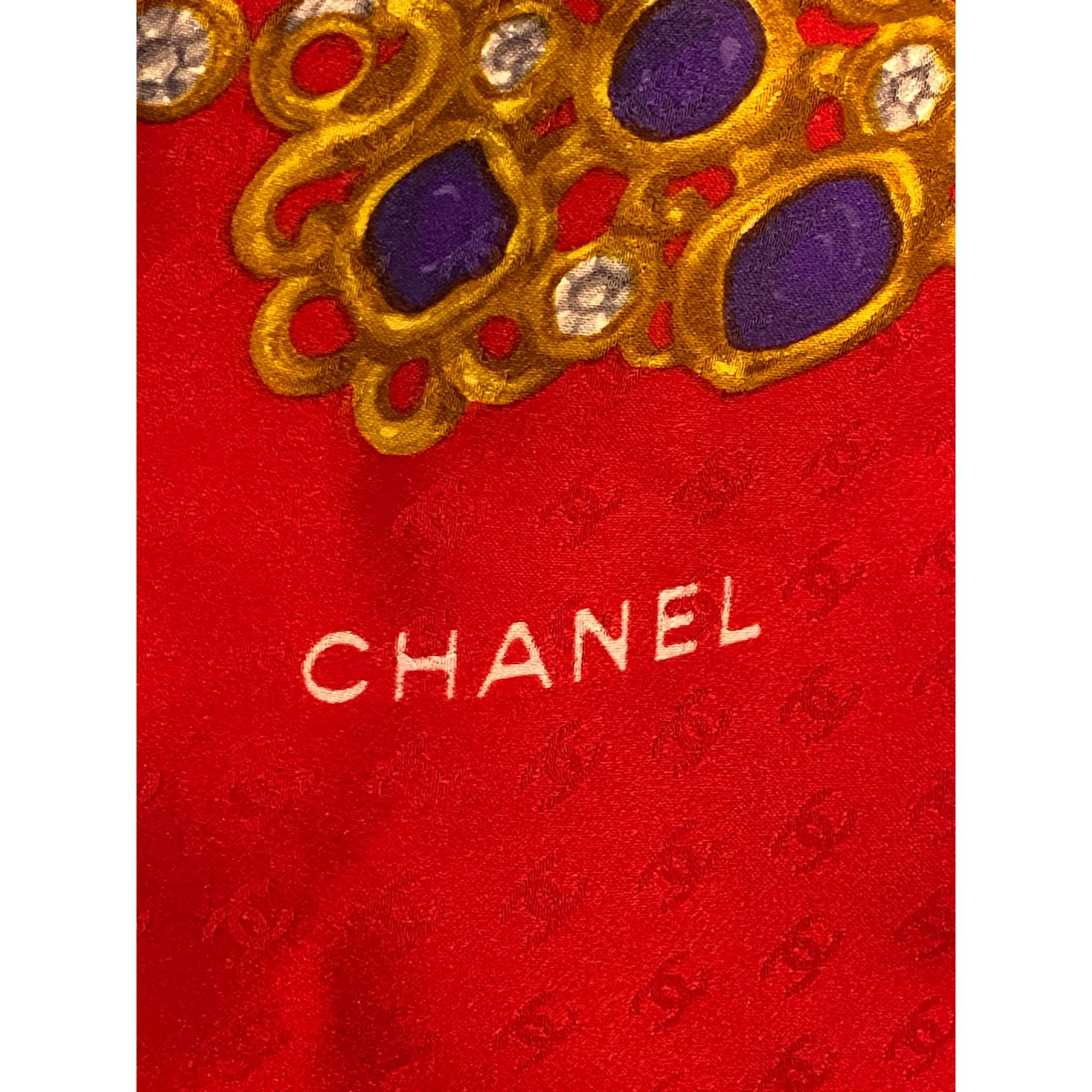 Chanel Gripoix Jewel Printed Red Silk Scarf Shawl