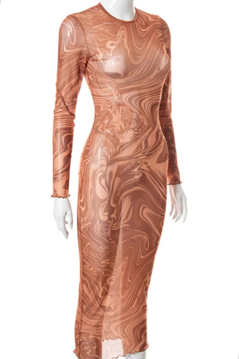 Xena Mocha Swirl: Sheer Mesh Long Sleeve Maxi Coverup Dress