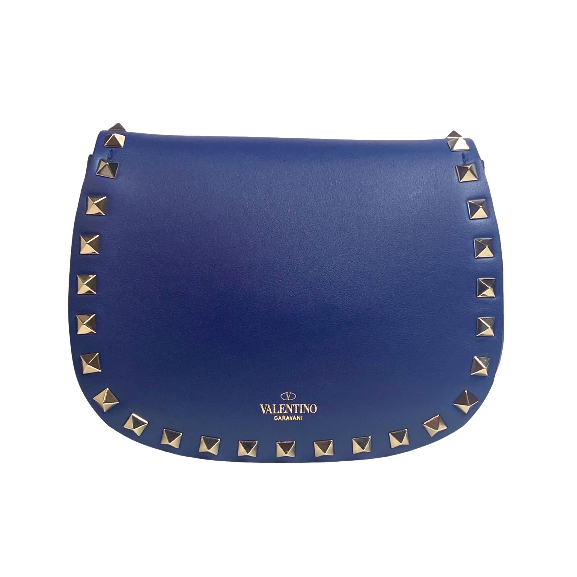 Valentino Garavani Rockstud Blue Calf Leather Small Chain Crossbody Clutch Bag