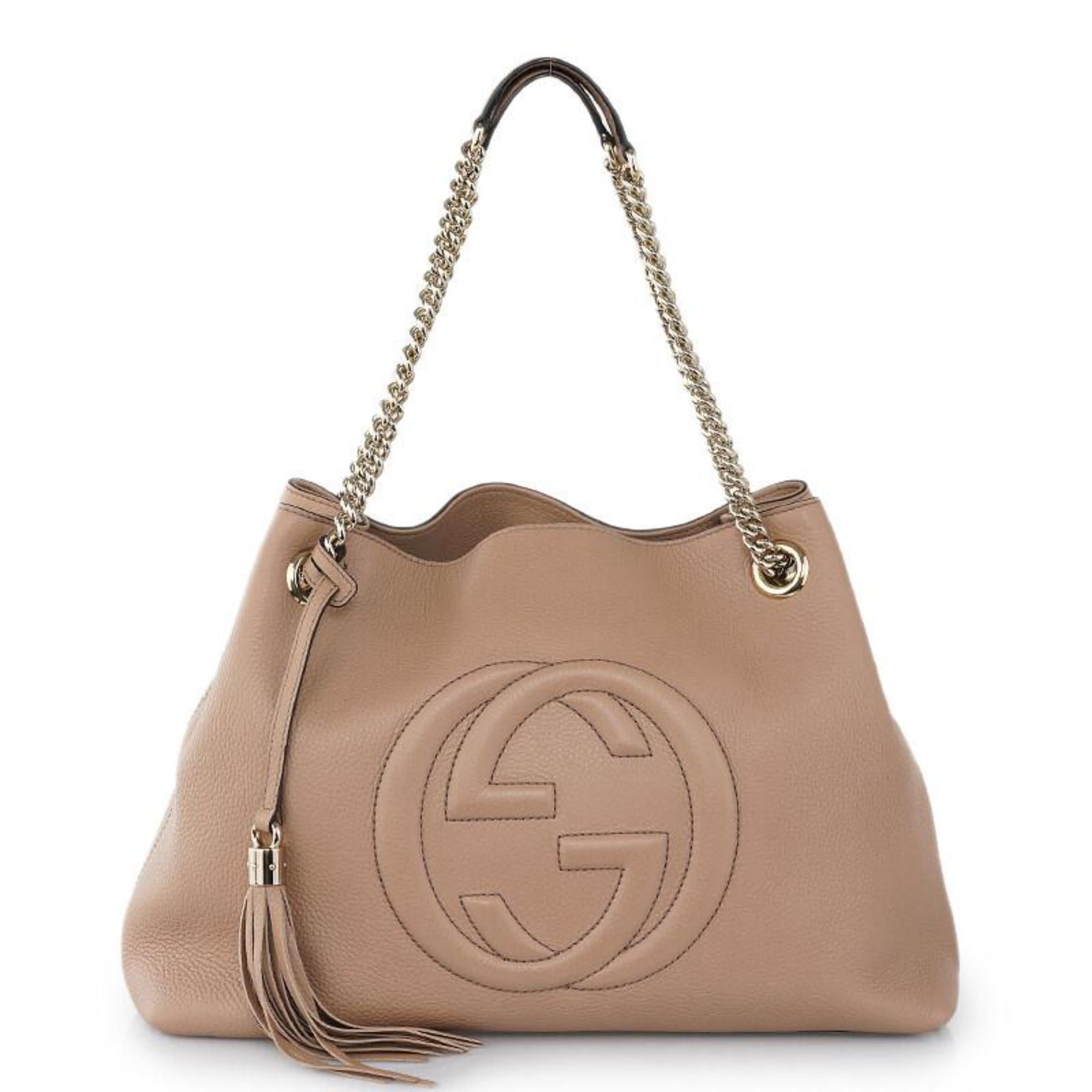 Gucci Soho Camelia Beige Cellarius GG Logo Leather Chain Tote Bag