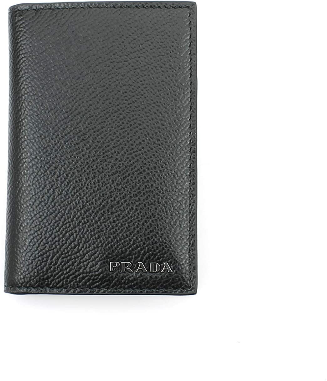Prada Mens Vitello Micro Grain Black Grey Leather Vertical Card Holder