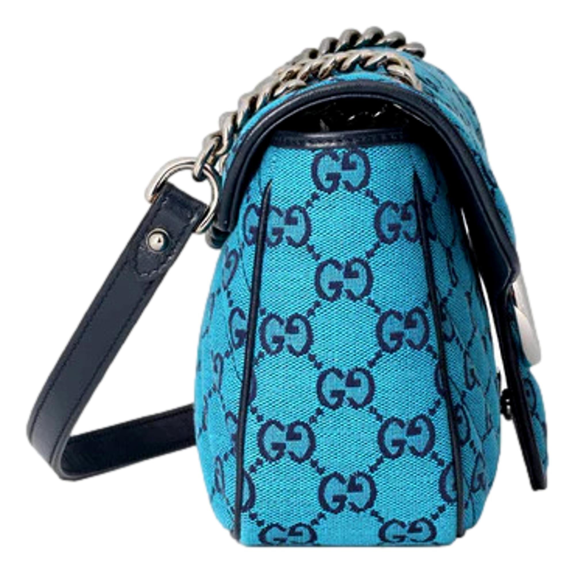 Gucci Flap Marmont Matelasse Blue Printed Canvas Shoulder Bag