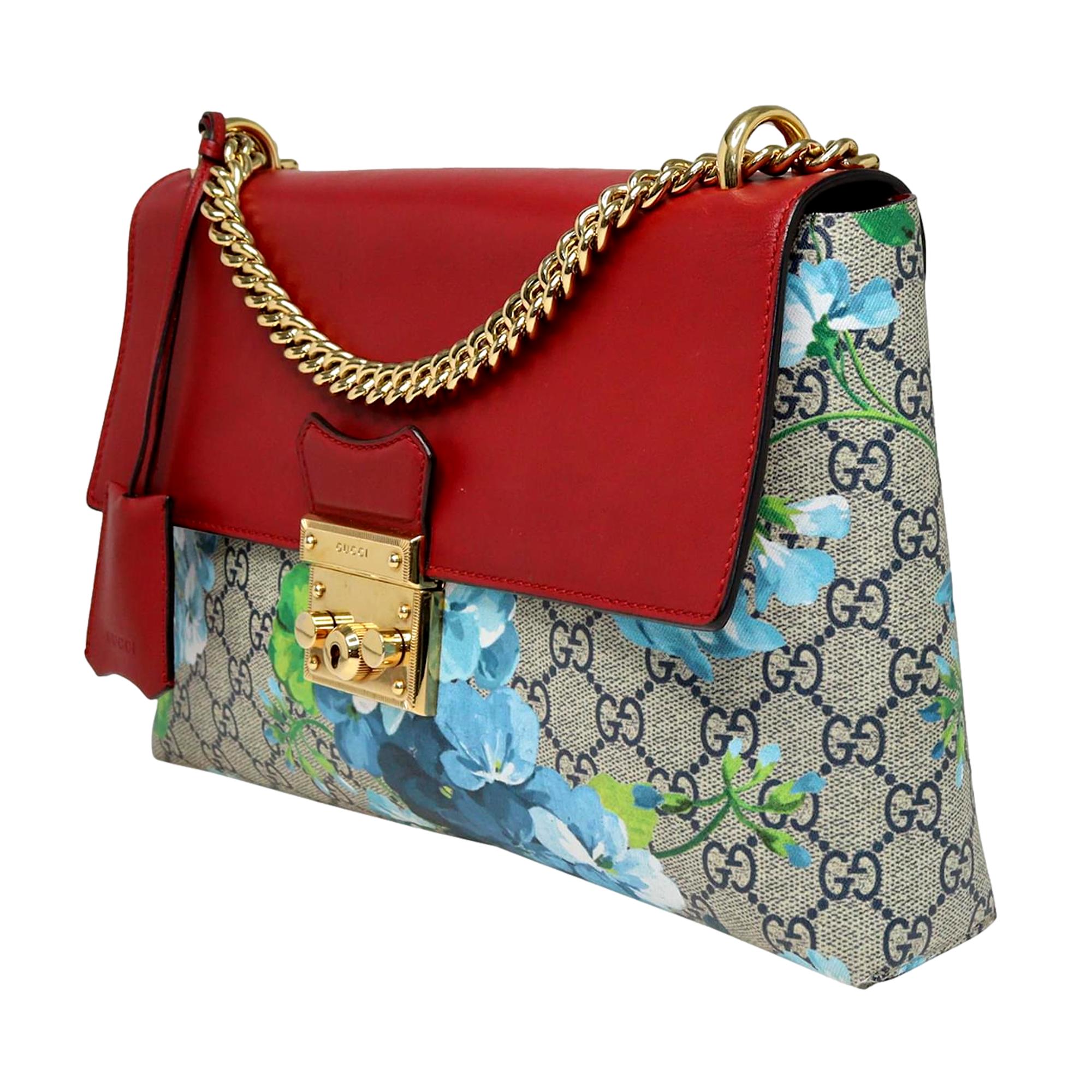 Gucci GG Monogram Padlock Floral Canvas Red Trim Shoulder Bag