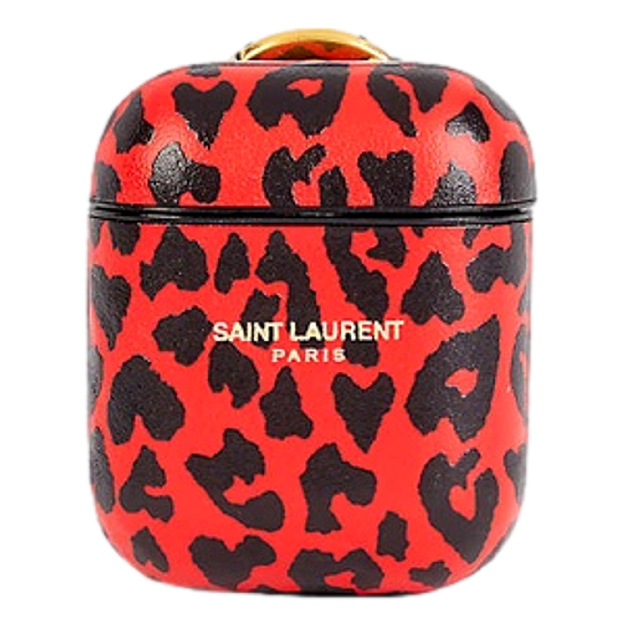 Saint Laurent Leopard Print Black and Red Leather Airpods Case 635662