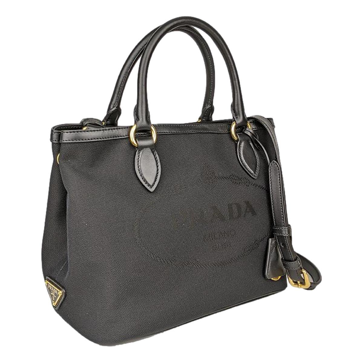 Prada Logo Jacquard Black Soft Calf Leather Trim Cross Body Bag