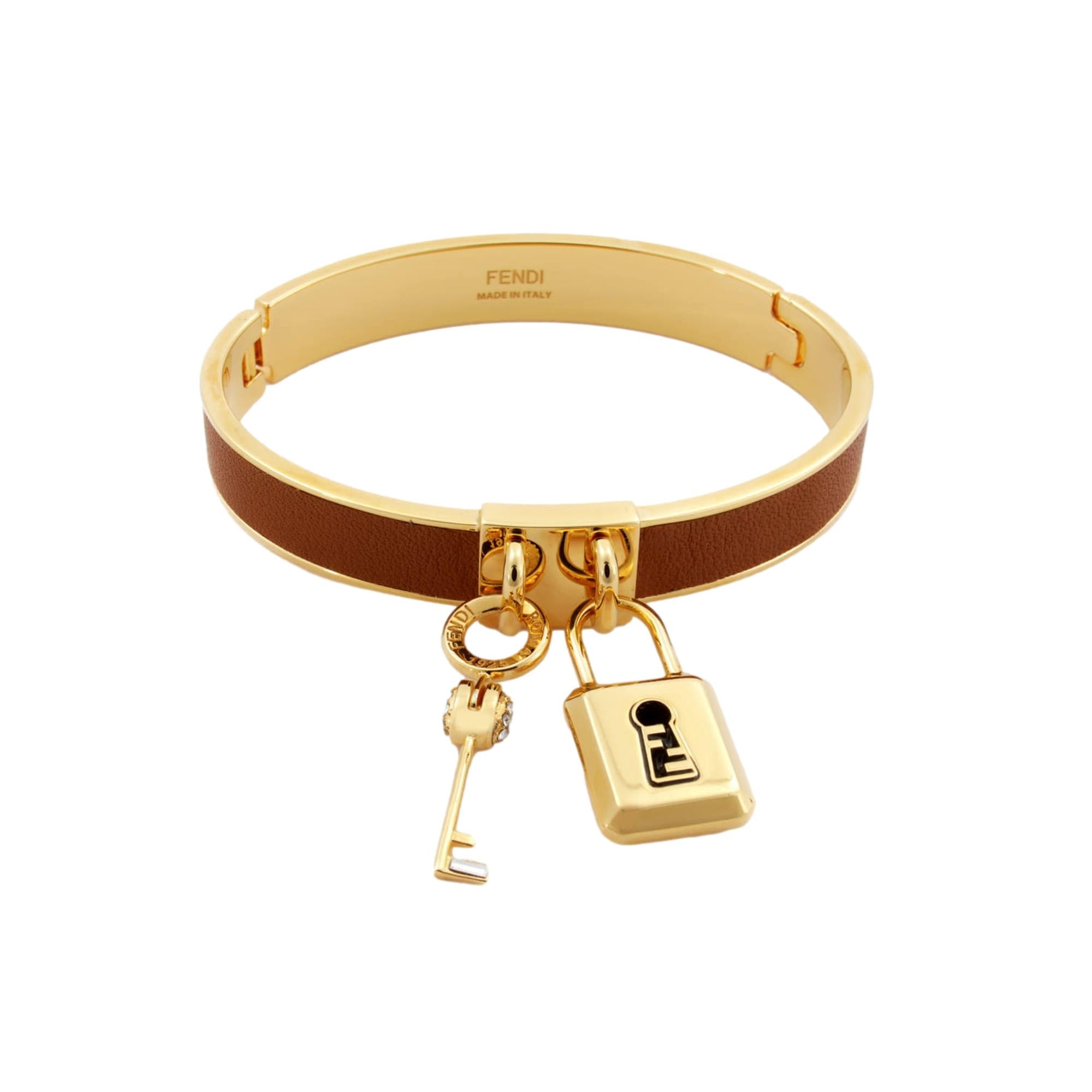Fendi Master Key Brandy Leather Gold Medium Bracelet