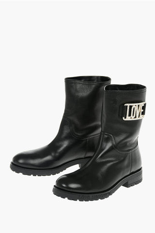 Moschino LOVE Leather Ankle Boots with Rhinestone Embellished Logo