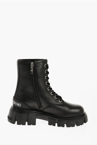 Moschino LOVE Leather TASSEL50 Combat Boots with Side Zip and Chunky