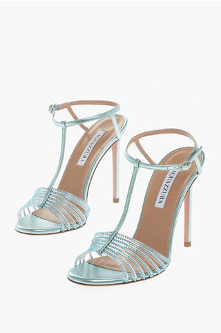 Aquazzura Metallic Leather AMORE MIO Ankle-Strap Sandals with Rhinesto