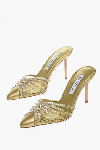 Aquazzura Metallic Leather FLOW Mules with Rhinestone Embellishment an