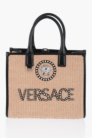 Versace Rafia Logoed Tote Bag with Leather Trims