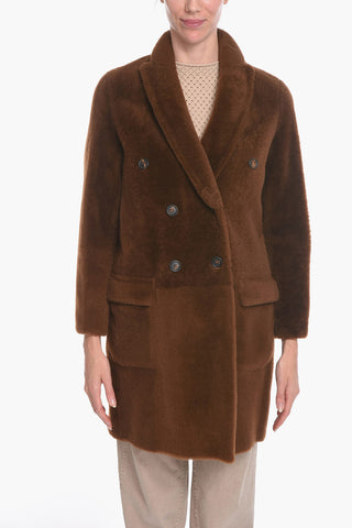 Brunello Cucinelli Sheepskin Fur Double-breasted Coat with Flap Pockets