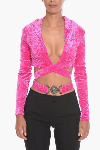 Versace Velour Cropped Fit Hoodie with Jeweled Buckle