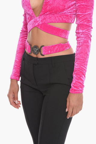 Versace Velour Cropped Fit Hoodie with Jeweled Buckle