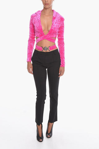 Versace Velour Cropped Fit Hoodie with Jeweled Buckle