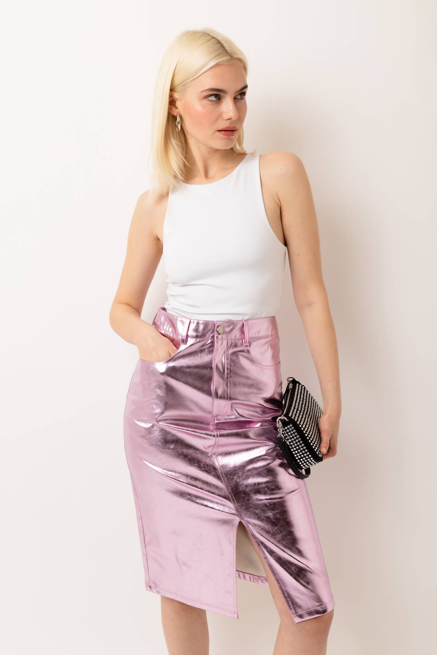 Lupe High Waist Metallic Knee Length Skirt
